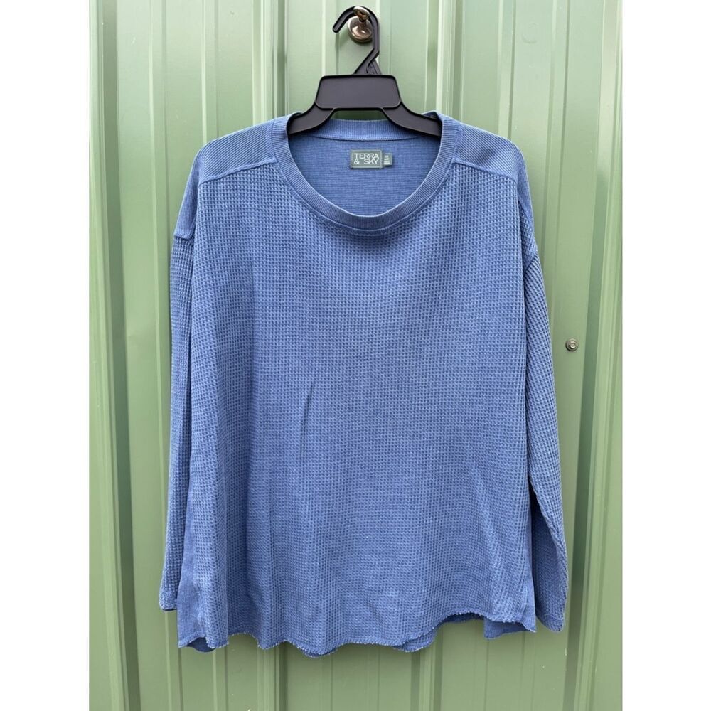 Women’s Dusty Blue Waffle Knit Crewneck Long Sleeve Shirt Size 0X